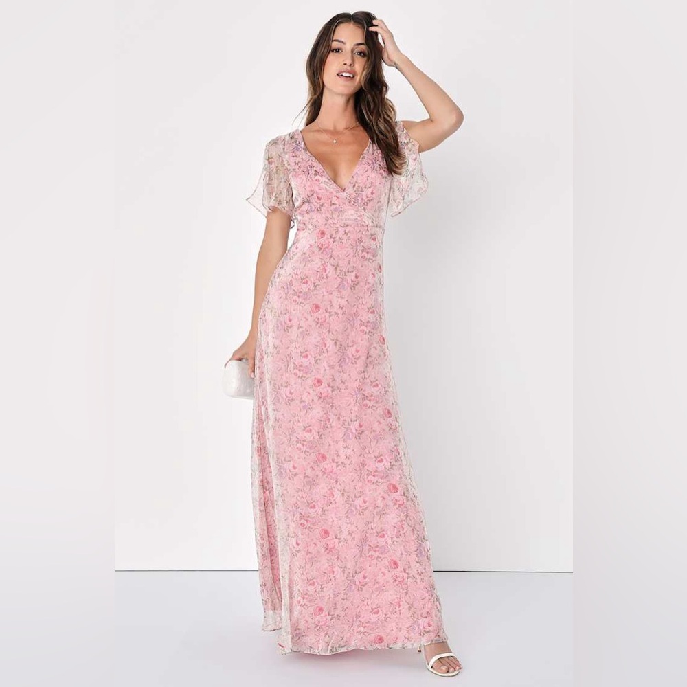 Lulus Dreamiest Desires Pink Floral Flutter Sleeve Maxi Dress - Picture 2 of 8